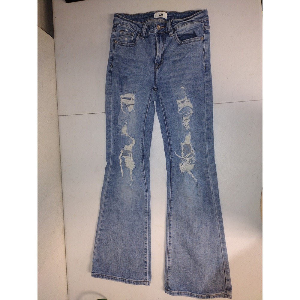 K&M Jeans USA Women Size 3 Distressed Flare Light‎ Wash Ripped High Rise Denim